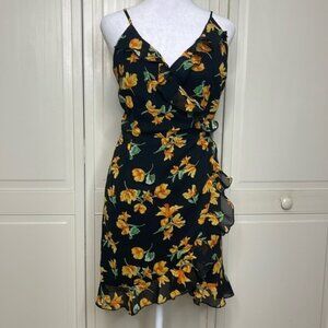 Topshop Women’s Black/Yellow Floral Wrap Mini Ruffle Dress Size 10 NWT